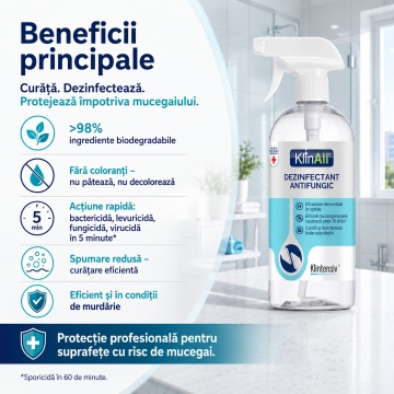 KlinAll Dezinfectant Antimucegai Klintensiv, soluție profesională PT2, bactericidă, fungicidă, levuricidă și virucidă în 5 minute, pentru baie, bucătărie, faianță, gresie, sticlă, inox și plastic, 500 ml, 4x Stickere - Img 3