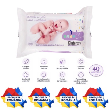 Klintensiv Baby șervețele umede biodegradabile, cu apă micelară, argan și aloe, pentru bebeluși și copii, curățare blândă și hidratare, testate dermatologic, fabricate în România, 40 bucăți, 4x Stickere
