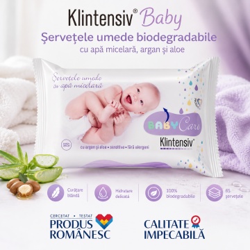 Klintensiv Baby șervețele umede biodegradabile, cu apă micelară, argan și aloe, pentru bebeluși și copii, curățare blândă și hidratare, testate dermatologic, fabricate în România, 40 bucăți, 4x Stickere - Img 4