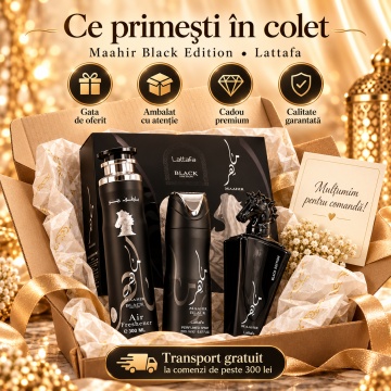 Lattafa Set cadou Maahir Black Spray + Spray + Air Freshener – Apă de parfum 100 ml + 200 ml, bărbați - Img 3