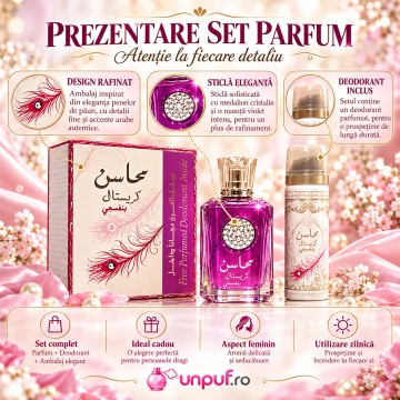 Lattafa Set Mahasin Crystal Violet : + Deodorant Spray – 100 ml + 50 ml, unisex - Img 3