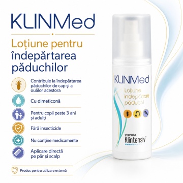 Loțiune antipăduchi KLINMed cu dimeticonă, pentru păduchi de cap și ou lindini, fără insecticide sau medicamente, pentru copii peste 3 ani și adulți, 100ml, 4x Stickere - Img 2