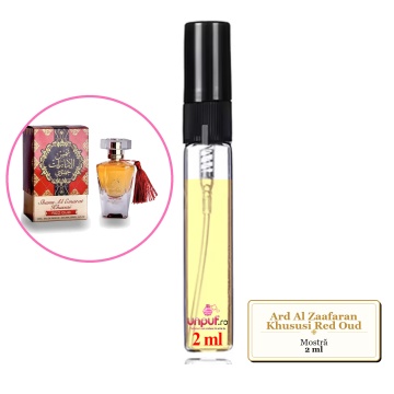Mostra fiola din Parfumul Ard Al Zaafaran Khususi Red Oud, decant sticla cu pulverizator
