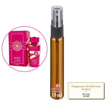 Mostra fiola din Parfumul Fragrance World Just Lychee, decant sticla cu pulverizator