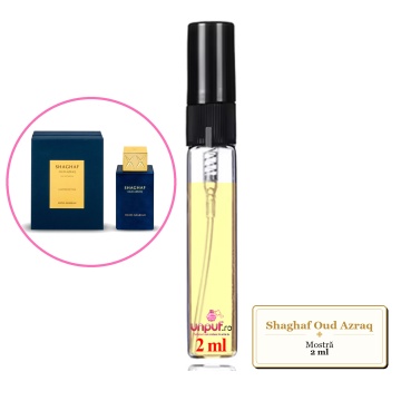 Mostra fiola din Parfumul Shaghaf Oud Azraq, decant sticla cu pulverizator