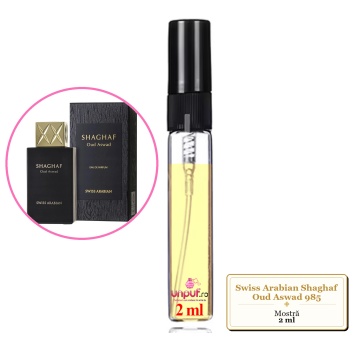 Mostra fiola din Parfumul Swiss Arabian Shaghaf Oud Aswad 985, decant sticla cu pulverizator