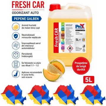 Odorizant auto PRO X Fresh CAR Pepene Galben, aromă fructată de melon copt, parfum dulce și persistent pentru interior auto, 5 L, 4x Stickere
