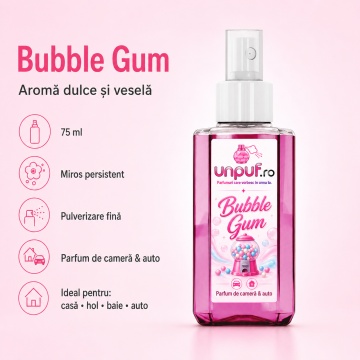 Odorizant auto si casa Unpuf Bubble Gum, cu pulverizator, aroma dulce de guma de mestecat, improspatare aer si parfum de durata, 75 ml