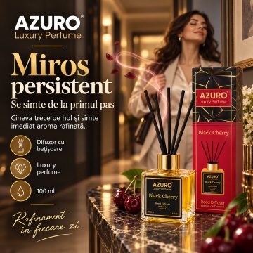 Odorizant Cameră Azuro Black Cherry Luxury Perfume, Difuzor cu Bețișoare, Aromă Lemnoasă, Parfum Cireașă Neagră, 100 ml - Img 2
