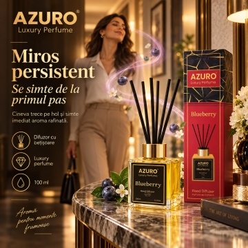 Odorizant Cameră Azuro Blueberry Luxury Perfume, Difuzor cu Bețișoare, Parfum Fructat de Afine, 100 ml - Img 2