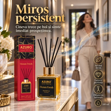 Odorizant Cameră Azuro Ocean Fresh Luxury Perfume, Difuzor cu Bețișoare, Aromă Lemnoasă, Parfum Ambiental Fresh, 100 ml - Img 2