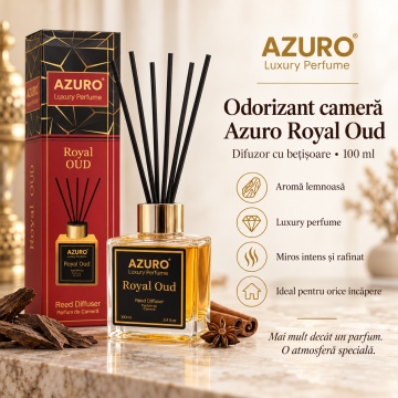 Odorizant Cameră Azuro Royal Oud Luxury Perfume, Difuzor cu Bețișoare, Aromă Lemnoasă, Parfum Ambiental Elegant, 100 ml
