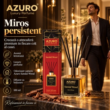 Odorizant Cameră Azuro Sandal Wood Luxury Perfume, Difuzor cu Bețișoare, Aromă Lemnoasă, Parfum Ambiental, 100 ml - Img 2