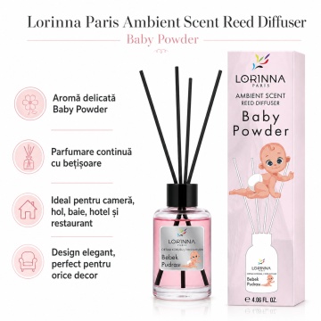 Odorizant de camera cu betisoare Lorinna Paris Ambient Scent Reed Diffuser, Baby Powder, aroma delicata si pudrata, pentru living, dormitor, baie si hol, 50 ml