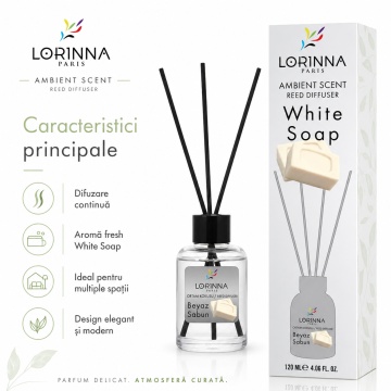 Odorizant de camera cu betisoare Lorinna Paris Ambient Scent Reed Diffuser, White Soap, aroma curata si proaspata, pentru living, dormitor, baie si hol, 120 ml