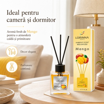 Odorizant de camera cu betisoare Lorinna Paris Ambient Scent Reed Diffuser, Mango, aroma fructata si tropicala, pentru living, dormitor, baie si hol, 50 ml - Img 3