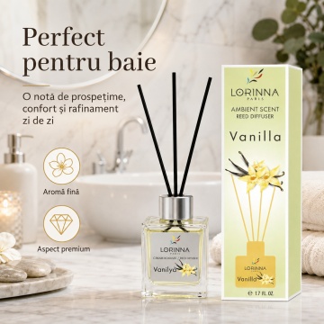 Odorizant de camera cu betisoare Lorinna Paris Ambient Scent Reed Diffuser, Vanilya, aroma dulce si catifelata, pentru living, dormitor, baie si hol, 50 ml - Img 3