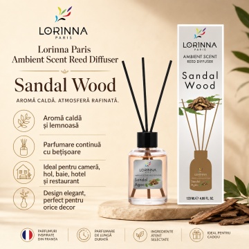 Odorizant de camera cu betisoare Lorinna Paris Ambient Scent Reed Diffuser, Sandal Wood, aroma calda si lemnoasa, pentru living, dormitor, hotel si birou, 120 ml - Img 3