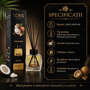 Odorizant de Cameră cu Bețișoare Parfumate Loris Parfum Nucă de Cocos, 120 ml, Esență Exotică de Cocos, Miros Plăcut și Persistent - Img 5