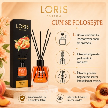 Odorizant de Cameră cu Bețișoare Parfumate Loris Parfum Peach, 120 ml, Esență Piersică, Miros Plăcut și Persistent - Img 4