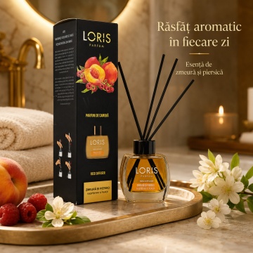 Odorizant de Cameră cu Bețișoare Parfumate Loris Parfum Zmeură și Piersică, 120 ml, Esență Fructată, Miros Plăcut și Persistent - Img 6