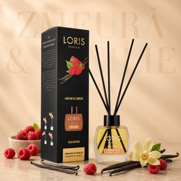 Odorizant de Cameră cu Bețișoare Parfumate Loris Zmeură și Vanilie, 120 ml, Esență Raspberry & Vanilla, Miros Dulce și Persistent