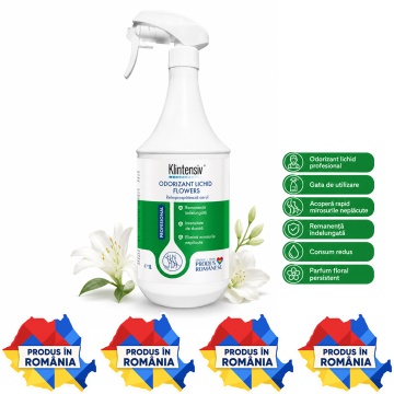 Odorizant lichid profesional Klintensiv Flowers, parfum floral persistent, gata de utilizare, pentru spații interioare, birouri, hoteluri, restaurante, vestiare și locuințe, 1 L, 4x Stickere