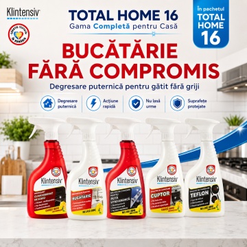 Pachet complet curatenie si detergenti rufe TOTAL HOME 16 Klintensiv KLINO KlinSmart, pentru bucatarie, baie, WC, geamuri, pardoseli, parchet si electrocasnice, 16 produse, 12,25 L, 4x Stickere - Img 3