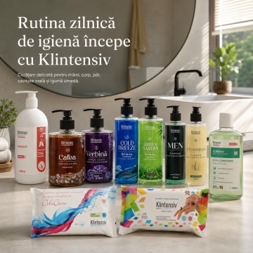 Pachet complet ingrijire barbati Klintensiv, sapunuri Cafea, Verbina si KlinSafe 500 ml, geluri Cold Breeze si Green Garden 400 ml, sampoane cu Zinc PCA si Anti-Matreata 400 ml, KLINDENT 500 ml si servetele, 10 produse, 4x Stickere - Img 4