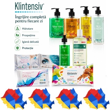 Pachet complet ingrijire Klintensiv, sapun Aloe Vera si Miere 500 ml, geluri Floral Sail si Silk Garden 400 ml, sampon Anti-Cadere 400 ml, KLINDENT 500 ml, servetele IntimCare, demachiante, hartie umeda si dezinfectante, 10 produse, 4x Stickere