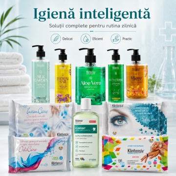 Pachet complet ingrijire Klintensiv, sapun Aloe Vera si Miere 500 ml, geluri Floral Sail si Silk Garden 400 ml, sampon Anti-Cadere 400 ml, KLINDENT 500 ml, servetele IntimCare, demachiante, hartie umeda si dezinfectante, 10 produse, 4x Stickere - Img 4