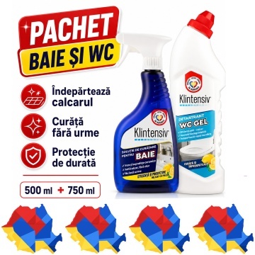 Pachet curatare baie si WC Klintensiv, solutie baie 500 ml si gel detartrant WC 750 ml, anticalcar, fara urme, 2 produse, 4x Stickere