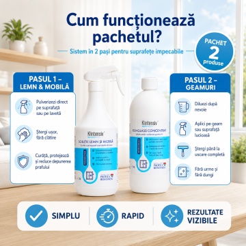 Pachet curatare mobilier si geamuri Klintensiv Professional, solutie pentru lemn si mobila, Klinglass Concentrat pentru sticla, 2 produse, 2x 1 L. 4x Stickere - Img 4