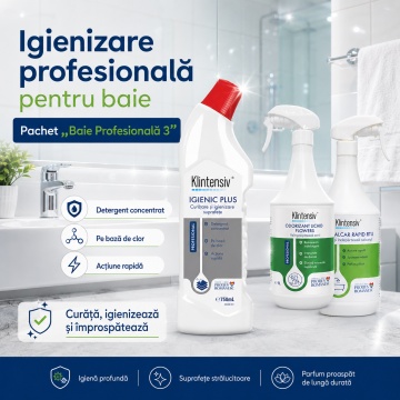 Pachet curatenie baie Klintensiv Professional Baie Profesionala 3, Anticalcar Rapid RTU, Igienic Plus cu clor si odorizant Flowers, 3 produse, 2.75 L, 4x Stickere - Img 4
