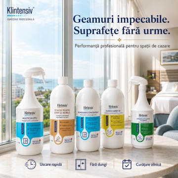 Pachet curatenie hotel pensiune si apartament Klintensiv Professional, MultiClin RTU, solutie mobila, Klinglass geamuri, KLINOCARPET HF si odorizant Flowers, 5 produse, 5 L, 4x Stickere - Img 4