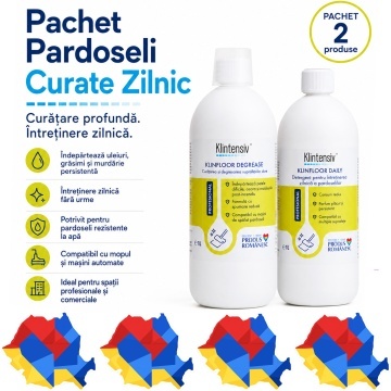 Pachet detergenti pardoseli Klintensiv Professional KLINFLOOR DEGREASE si KLINFLOOR DAILY, degresare profesionala si intretinere zilnica, 2x 1 L, 4x Sticker