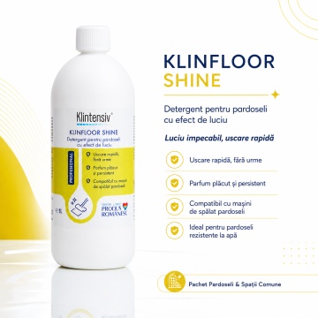 Pachet detergenti pardoseli si spatii comune Klintensiv Professional, KLINFLOOR DEGREASE, DAILY, SHINE, MultiClin RTU si odorizant Flowers, 5 produse, 5 L, 4x Stickere - Img 4
