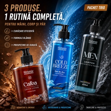 Pachet ingrijire barbati Klintensiv, sapun lichid Cafea 500 ml, gel de dus Cold Breeze 400 ml si sampon cu Zinc PCA si Pantenol 400 ml, 3 produse, 1.3 L, 4x Stickere - Img 4