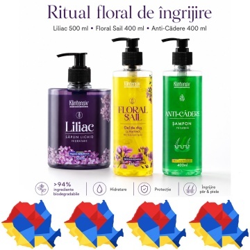 Pachet ingrijire completa Klintensiv, sapun lichid Liliac 500 ml, gel de dus hidratant Floral Sail 400 ml si sampon Anti-Cadere 400 ml, 3 produse, 1.3 L, 4x Stickere