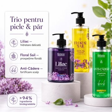 Pachet ingrijire completa Klintensiv, sapun lichid Liliac 500 ml, gel de dus hidratant Floral Sail 400 ml si sampon Anti-Cadere 400 ml, 3 produse, 1.3 L, 4x Stickere - Img 4