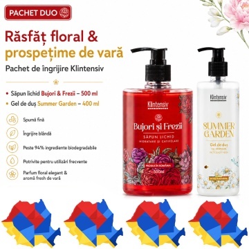 Pachet ingrijire corp Klintensiv, sapun lichid Bujori si Frezii 500 ml si gel de dus hidratant Summer Garden 400 ml, 2 produse, 900 ml, 4x Stickere
