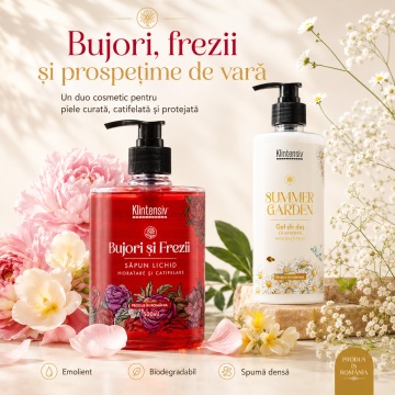 Pachet ingrijire corp Klintensiv, sapun lichid Bujori si Frezii 500 ml si gel de dus hidratant Summer Garden 400 ml, 2 produse, 900 ml, 4x Stickere - Img 4