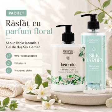 Pachet ingrijire corp Klintensiv, sapun lichid Iasomie 500 ml si gel de dus hidratant Silk Garden 400 ml, 2 produse, 900 ml, 4x Stickere - Img 4