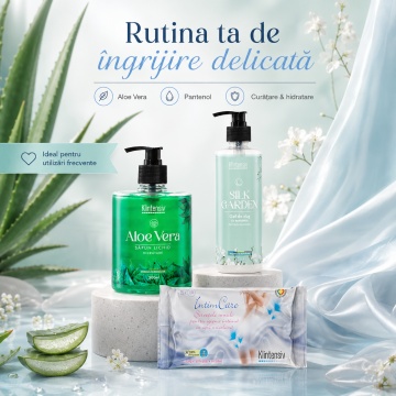 Pachet ingrijire personala Klintensiv, sapun lichid Aloe Vera 500 ml, gel de dus hidratant Silk Garden 400 ml si servetele intime IntimCare 40 buc, 3 produse, 4x Stickere - Img 4