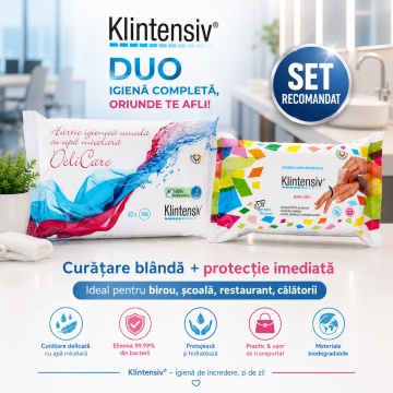 Pachet servetele umede Klintensiv, hartie igienica umeda biodegradabila 40 buc si servetele dezinfectante pentru maini 70 buc, 2 seturi, 110 servetele, 4x Stickere - Img 4