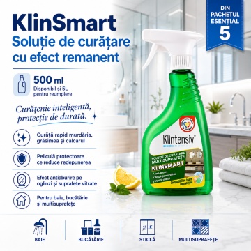 Pachet solutii curatenie esentiala Klintensiv KlinSmart, pentru suprafete, bucatarie, baie, WC si pardoseli, 5 produse, 3,25 L, 4x Stickere - Img 3