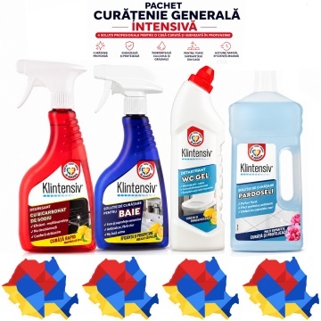 Pachet solutii curatenie generala intensiva Klintensiv, degresant cu bicarbonat, solutie baie, gel detartrant WC si detergent pardoseli, 4 produse, 2,75 L, 4x Stickere