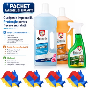 Pachet solutii curatenie pardoseli, parchet si suprafete Klintensiv KlinSmart, detergent pardoseli, solutie parchet si protectie remanenta, 3 produse, 2,5 L, 4x Stickere