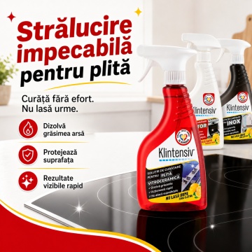 Pachet solutii curatenie plita, cuptor si inox Klintensiv, pentru grasime arsa, plita vitroceramica si suprafete din inox, 3x 500 ml, 4x Stickere - Img 3
