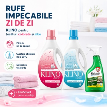 Pachet solutii curatenie rufe si casa KLINO KlinSmart Klintensiv, detergenti lichizi pentru rufe albe si colorate, solutie cu pelicula protectoare, 3 produse, 4,5 L, 4x Stickere - Img 3